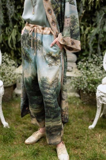 The Mythmaker Linen Crop Artist Pant w/ pastoral landscape