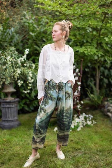The Mythmaker Linen Crop Artist Pant w/ pastoral landscape