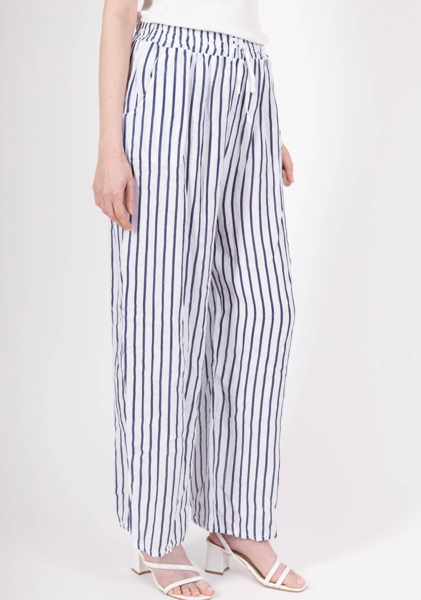 WIDE-LEG LINEN PANTS, STRIPED WITH POCKETS: CAMEL