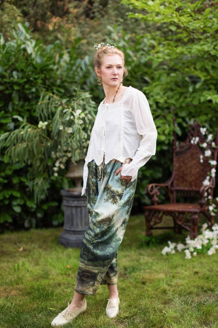 The Mythmaker Linen Crop Artist Pant w/ pastoral landscape