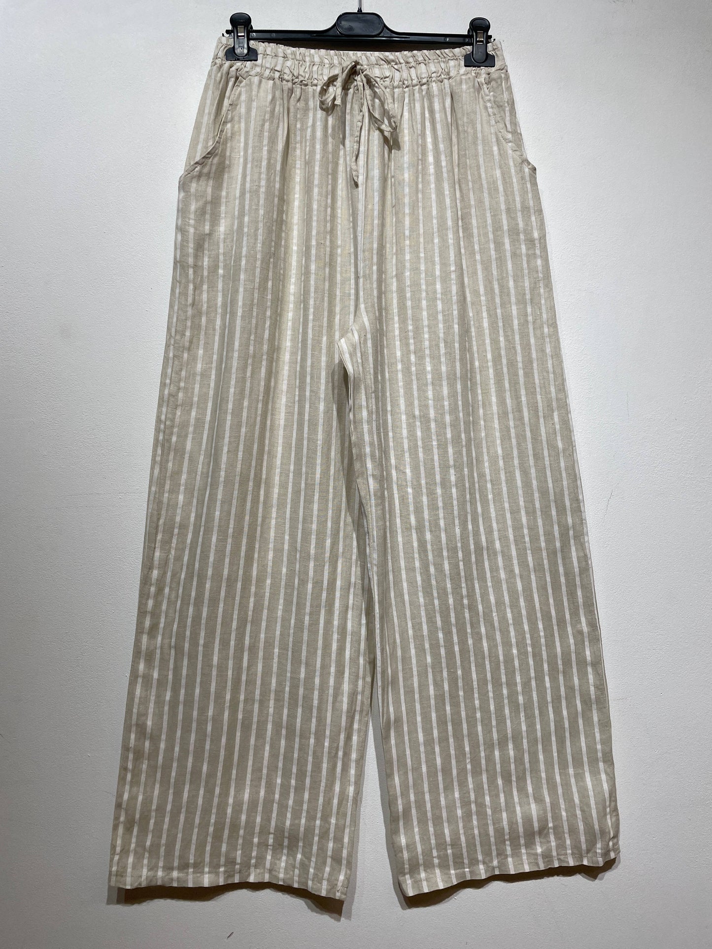 WIDE-LEG LINEN PANTS, STRIPED WITH POCKETS: CAMEL
