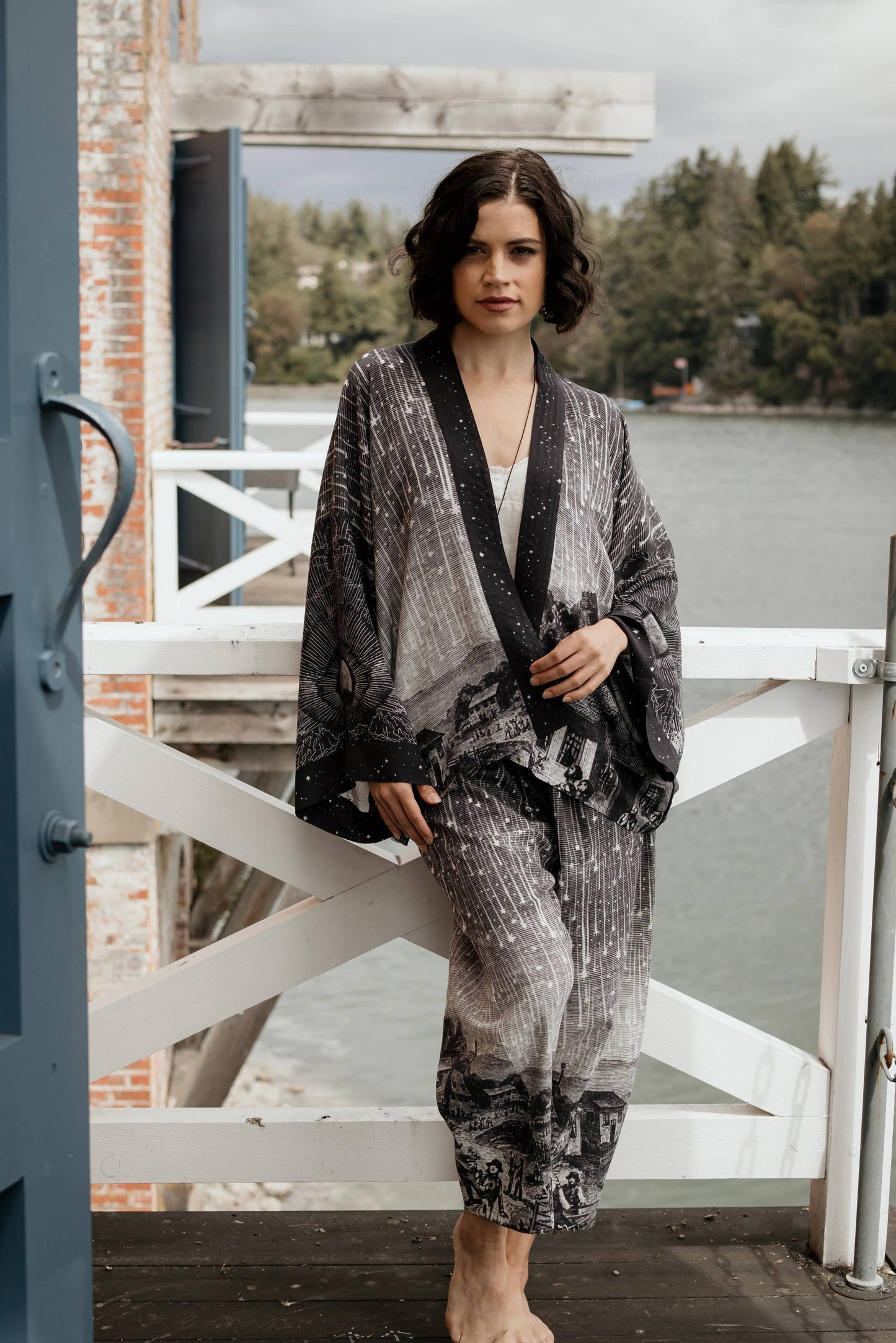 Stargazer Linen Cropped Artist Pant with Falling Stars Print
