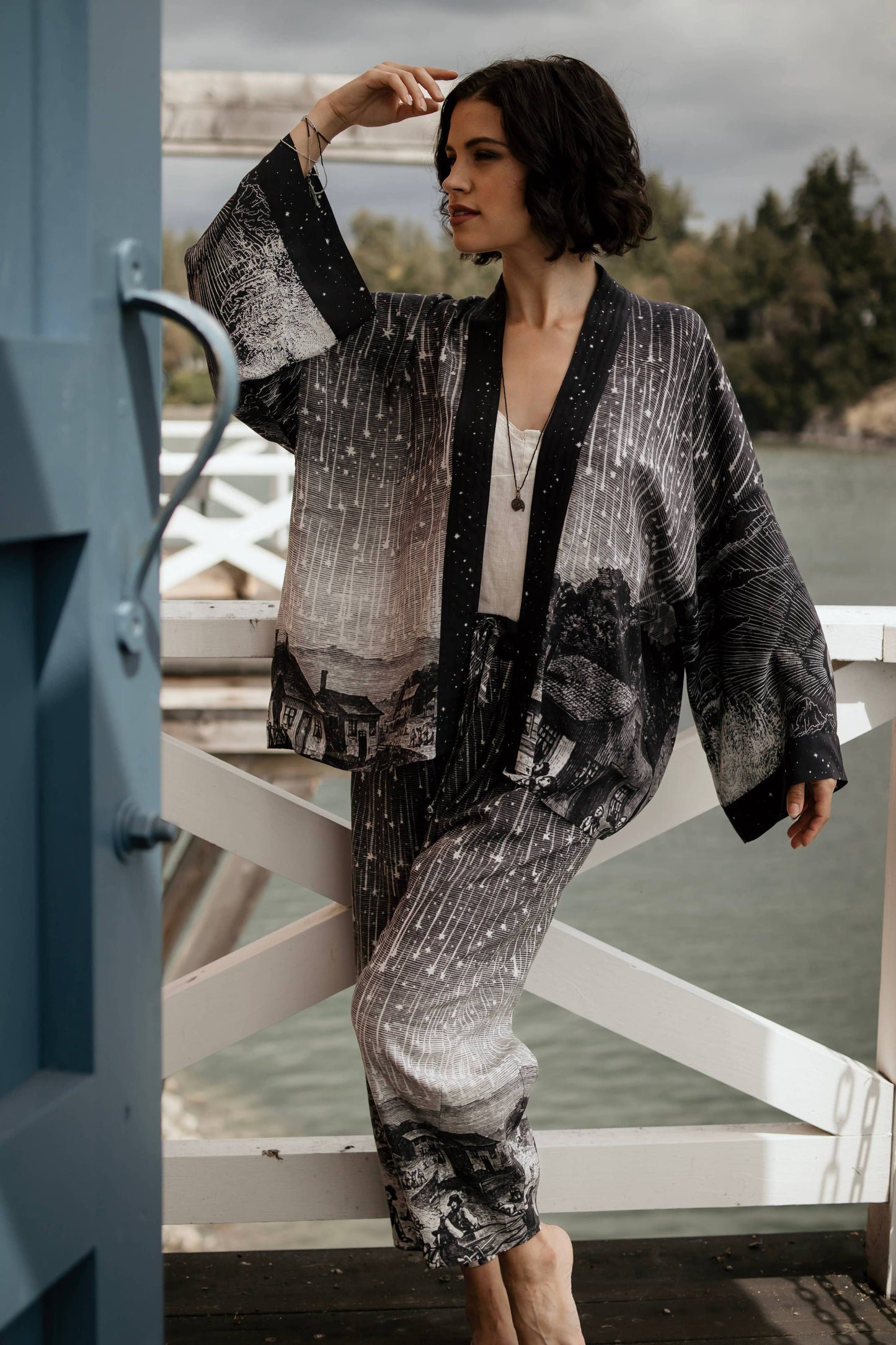 Stargazer Linen Cropped Artist Pant with Falling Stars Print