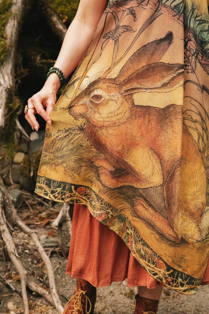 Woodland Wisdom Bohemian Scarf with Florals, Rabbit & Moths