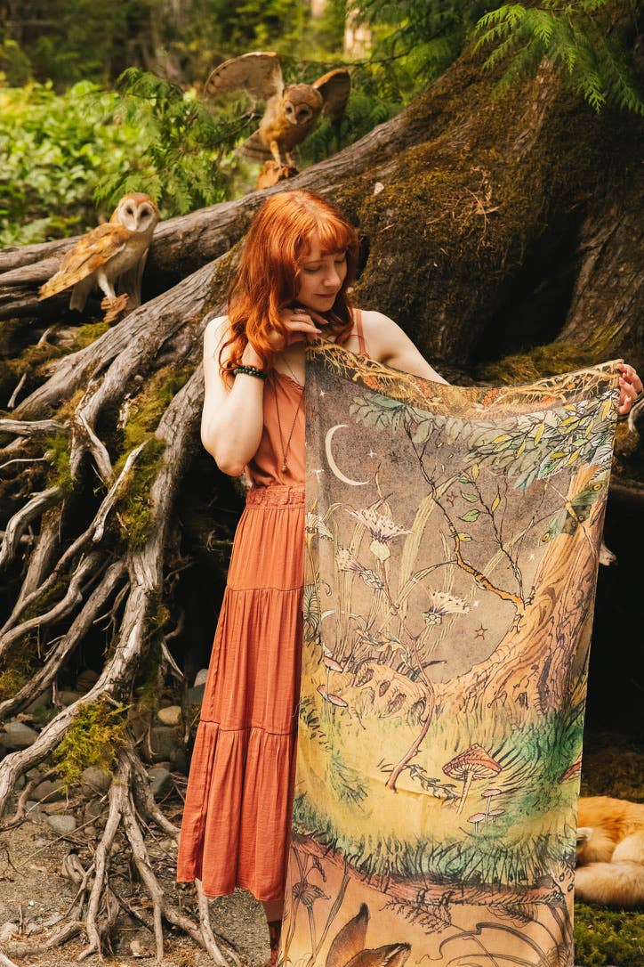 Woodland Wisdom Bohemian Scarf with Florals, Rabbit & Moths
