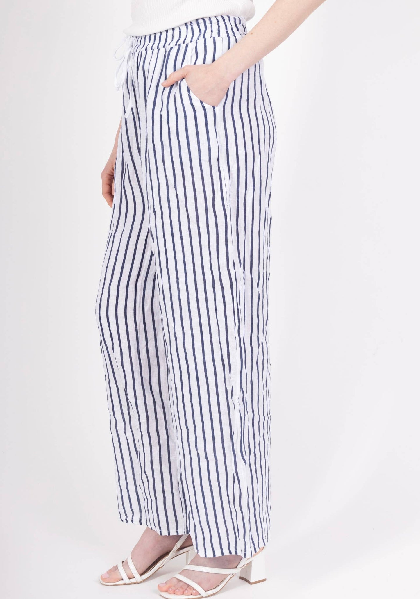WIDE-LEG LINEN PANTS, STRIPED WITH POCKETS: CAMEL