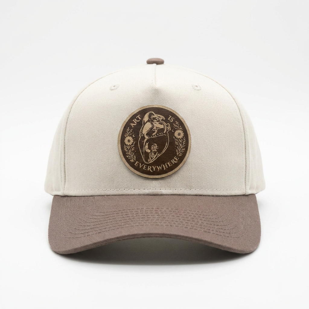 Art Is Everywhere Signature Snapback Hat by lovisART — cream crown with brown brim and original leather patch design